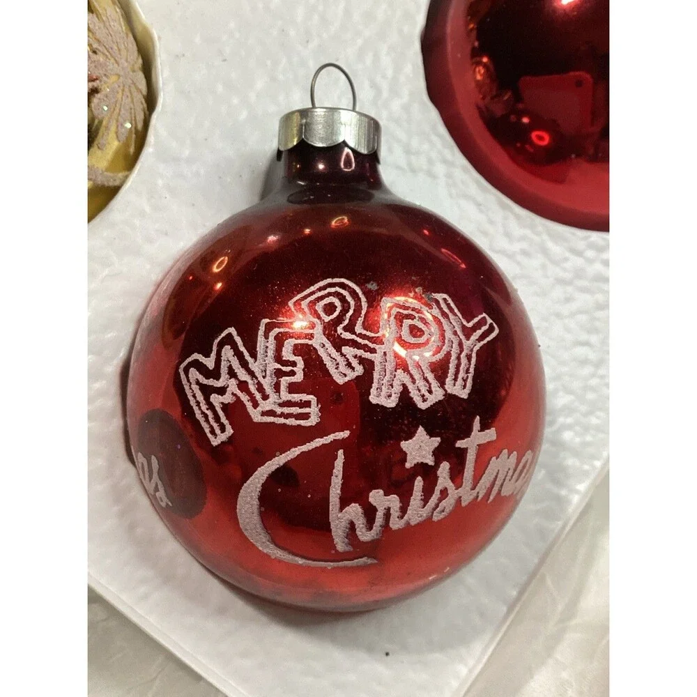 Vintage Mercury Glass Glitter Merry Christmas Ornaments Stenciled 1950s Pyramid